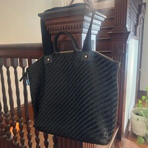 Black Woven Tote Bag with Top Handles - Women